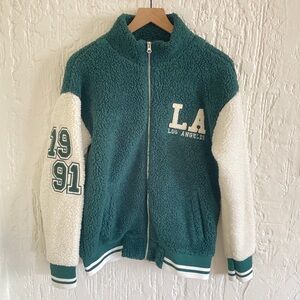 No Comment Green and White Letterman Fuzzy Jacket Size Small